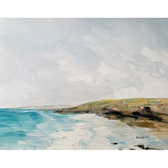 Gold Framed Original Oil Painting Coastal Seascape Blue Sky Water 14x17" Signed - Picture 4 of 10